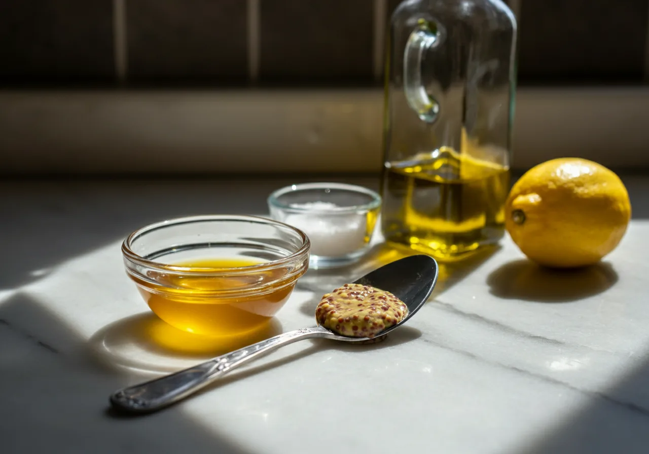 Ingredience pro přípravu medové zálivky - med, hořčice, citron a olej