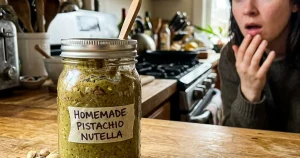 Detailní záběr na domácí pistáciovou nutelu ve sklenici s čerstvými nesolenými pistáciemi