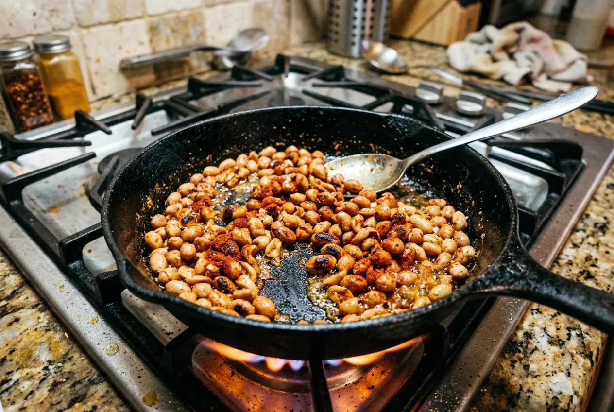 Detail pražení arašídů na litinové pánvi s chilli kořením