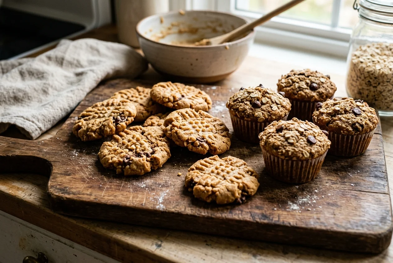 Tajná ingredience fitness pečení: Arašídová mouka (7 keto receptů) 2 Čerstvě upečené arašídové sušenky a muffiny na dřevěném válu