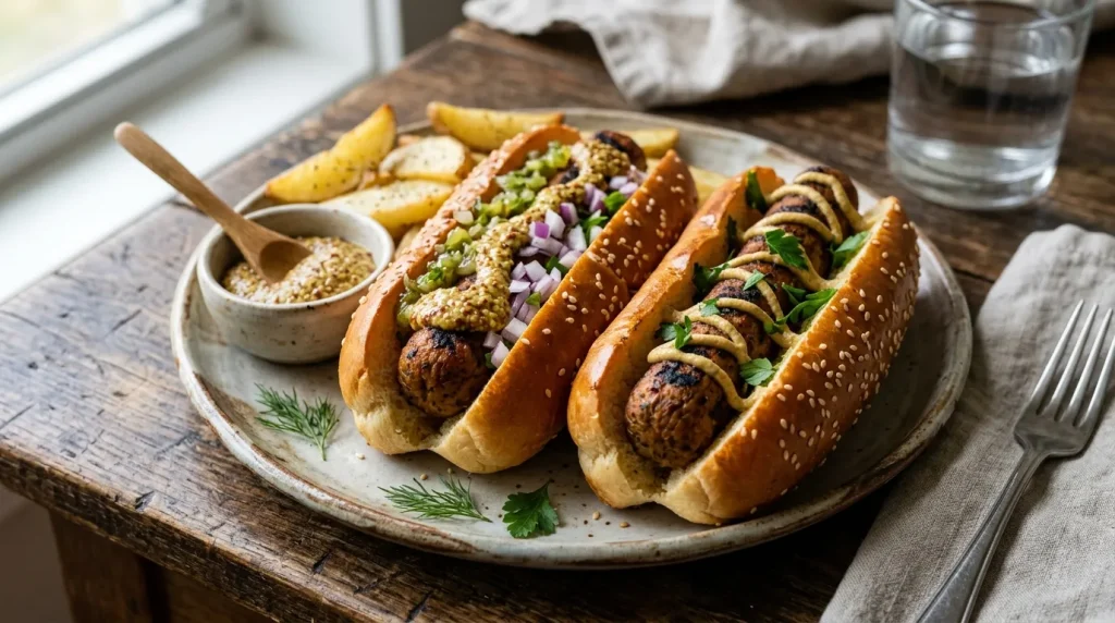 Domácí vegetariánské párky podávané s hořčicí a čerstvým pečivem