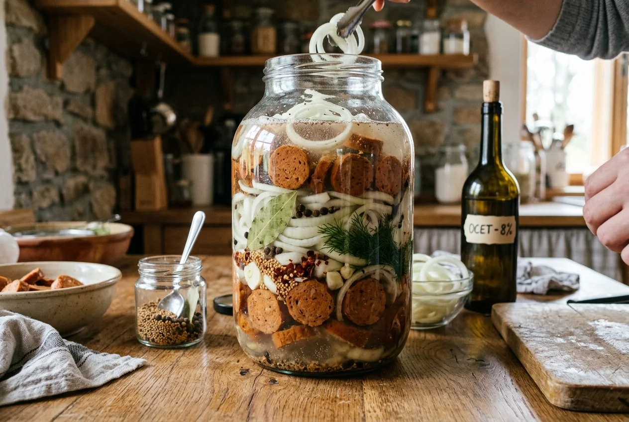 Příprava domácích vegetariánských utopenců ve skleněné nádobě