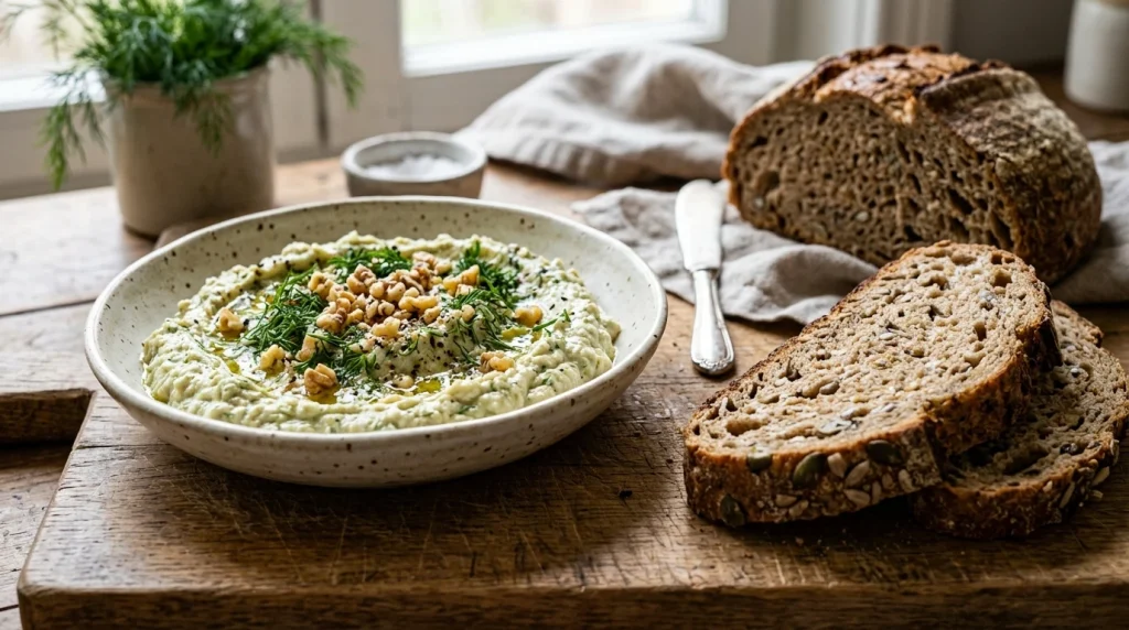 Krémová veganská celerová pomazánka s vlašskými ořechy a čerstvým kváskovým chlebem